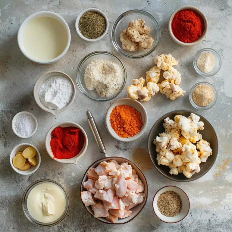 Ingredients for homemade popcorn chicken including chicken, buttermilk and seasonings