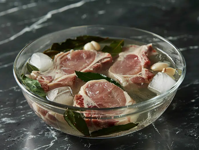 Pork chops submerged in brine solution with ice cubes, salt and aromatics