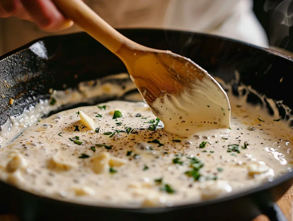 Making creamy pan sauce in skillet with butter, garlic and cream for pork chops