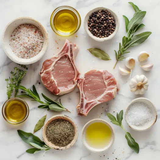 Ingredients for juicy pork chops including bone-in chops, brine ingredients and seasonings