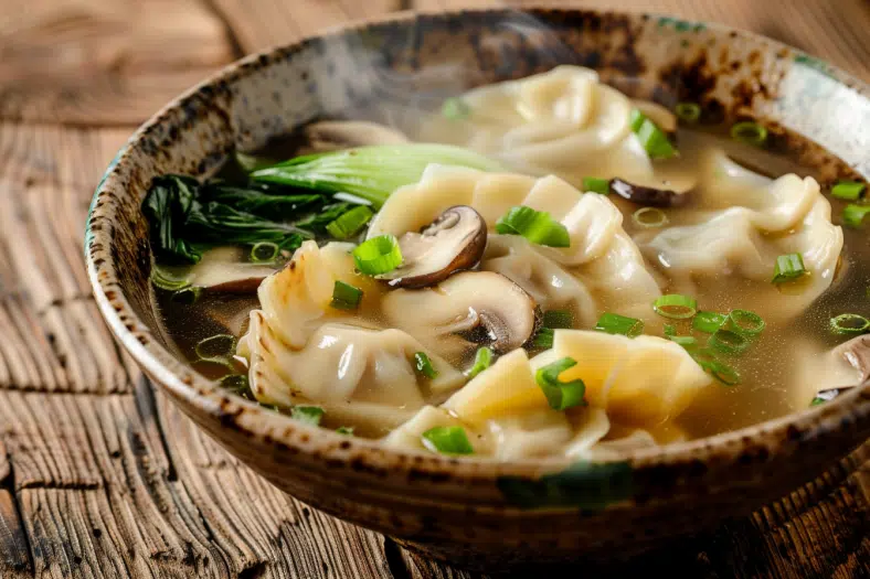 Steaming bowl of potsticker soup with mushrooms, bok choy, and scallions on a wooden table.