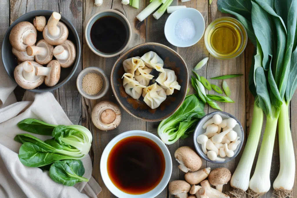 Flat lay of fresh ingredients for potsticker soup including mushrooms, bok choy, scallions, and frozen dumplings.