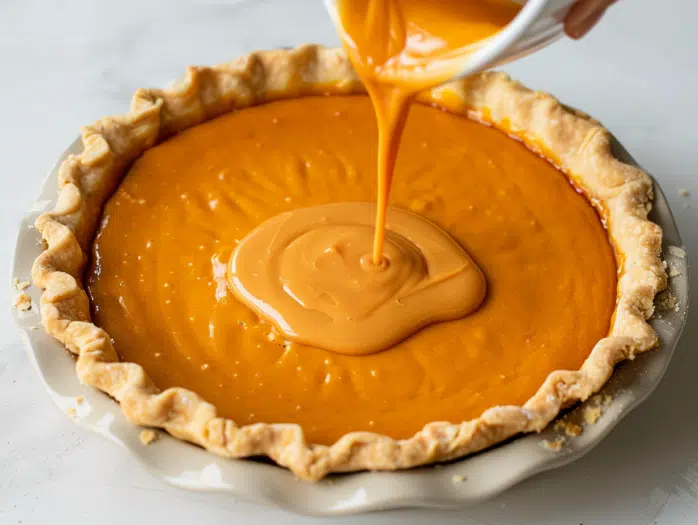 Pouring pumpkin filling into prepared pie crust with headspace