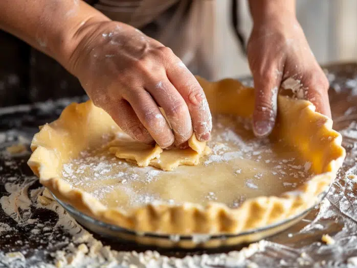 Fitting and crimping pie crust into dish for pumpkin pie