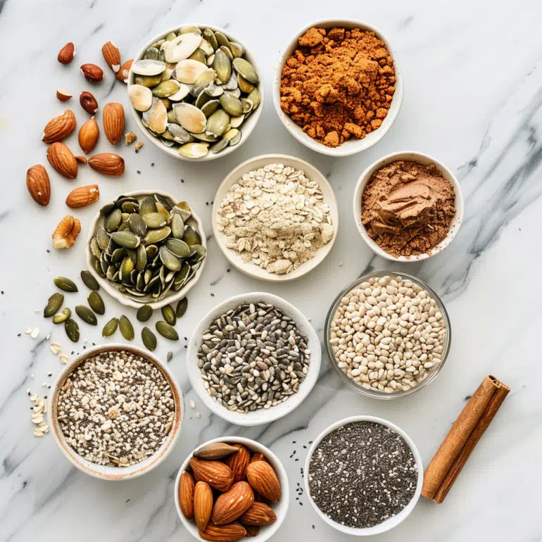 Ingredients for protein-rich breakfast cereal alternatives including oats, nuts, seeds and protein powder