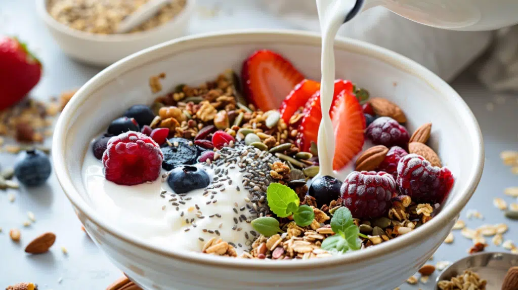 Protein-rich breakfast cereal alternative with oats, nuts, seeds and Greek yogurt