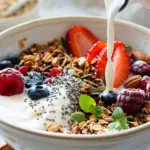 Protein-rich breakfast cereal alternative with oats, nuts, seeds and Greek yogurt