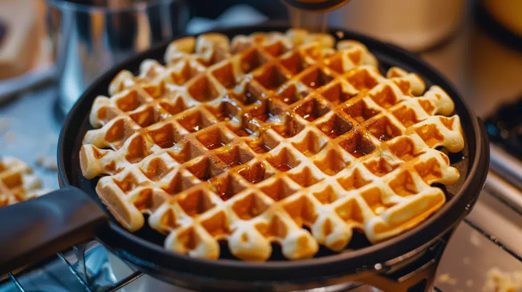 Protein waffles cooking in waffle iron developing golden brown color