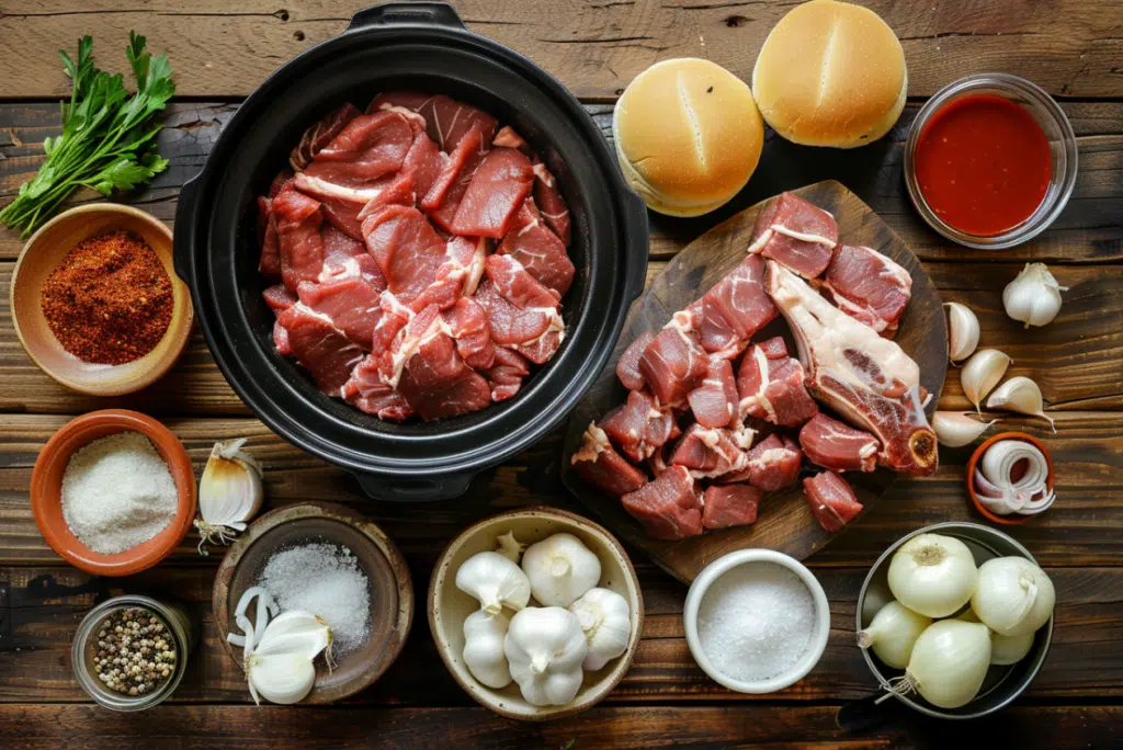 Flat lay of pulled pork ingredients including pork shoulder, spices, barbecue sauce, and buns.