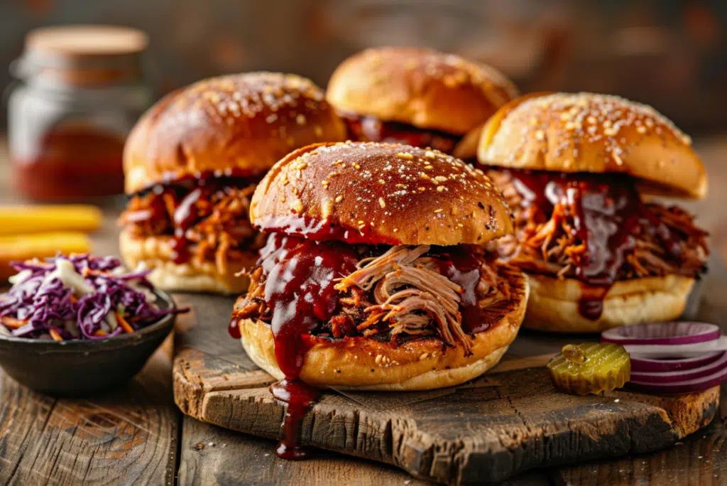 Pulled pork sandwiches on brioche buns with coleslaw and pickles.