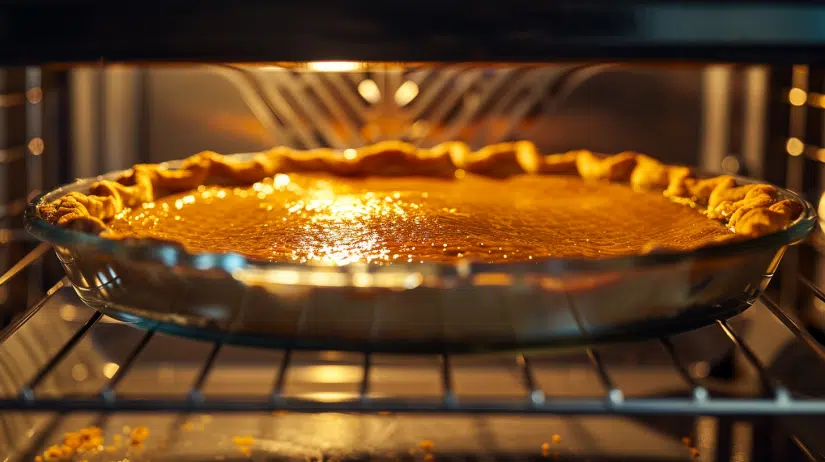 Pumpkin pie baking in oven at 425°F then 350°F