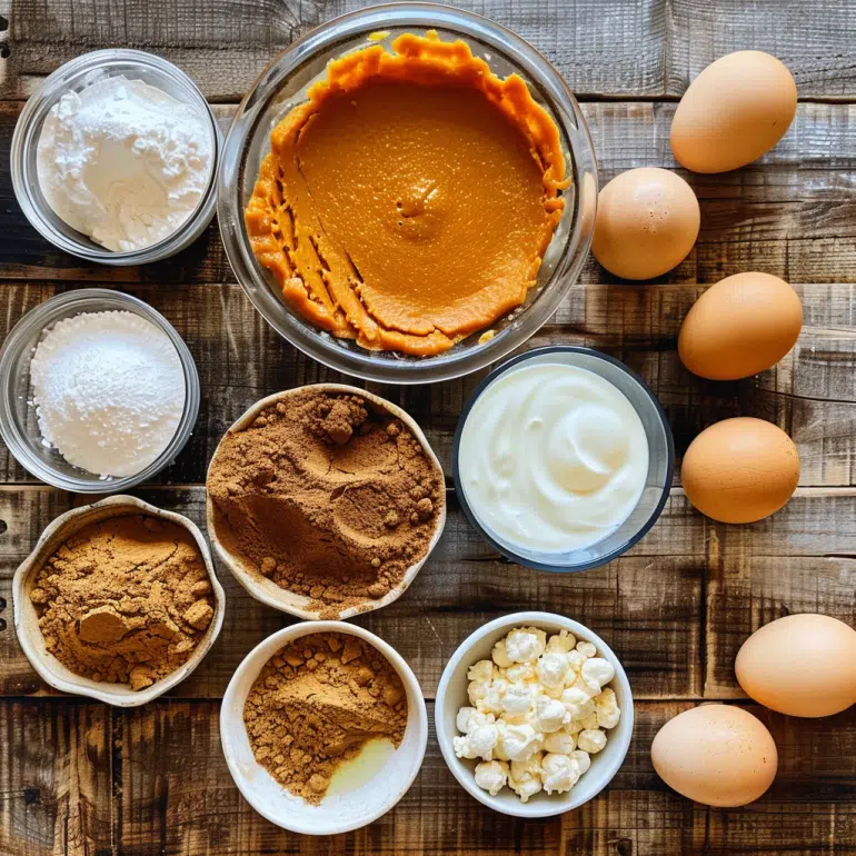 Ingredients for perfect pumpkin pie including pumpkin, spices and cream