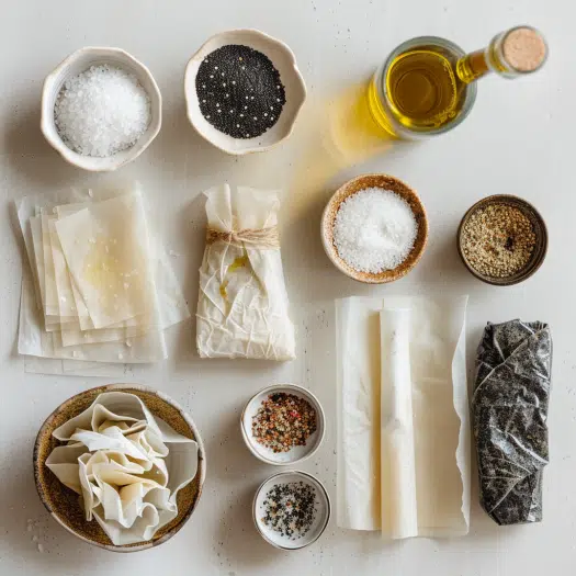 Ingredients for rice paper chips including rice paper and seasoning options