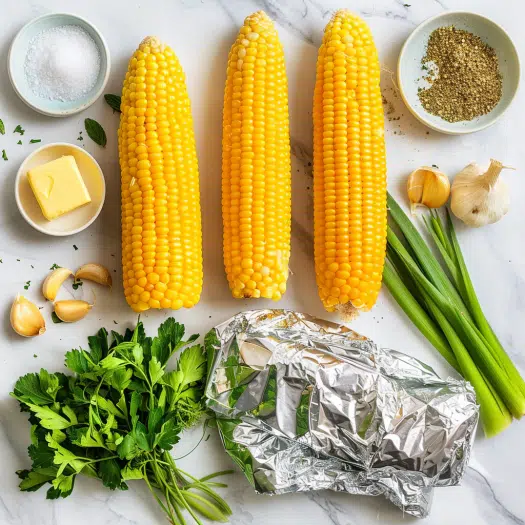 Ingredients for oven roasted corn including fresh corn, butter, garlic and aluminum foil