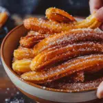 Rolling hot freshly fried churros in cinnamon sugar coating immediately after frying