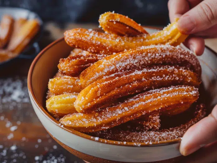 Rolling hot freshly fried churros in cinnamon sugar coating immediately after frying