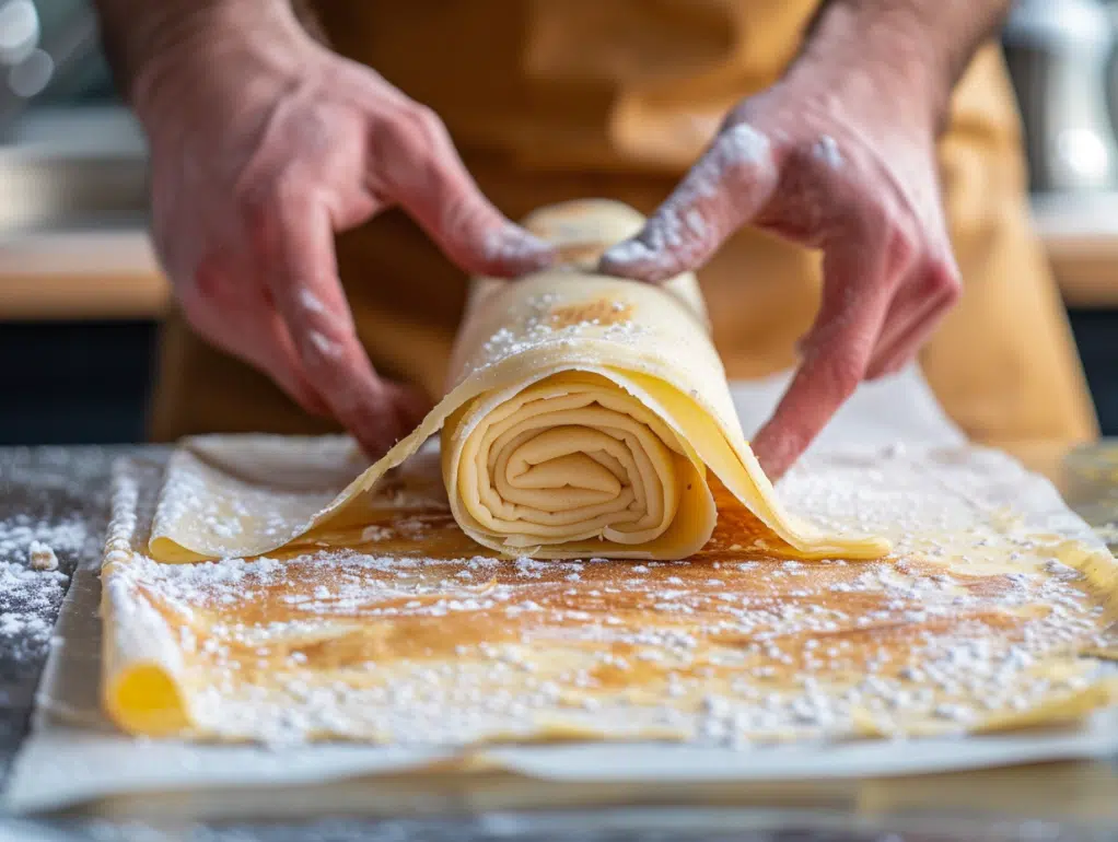 Rolling warm cake with kitchen towel inside for shaping