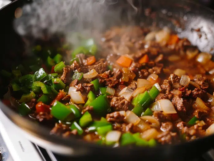 Sautéing onions and bell peppers with browned beef for chili base