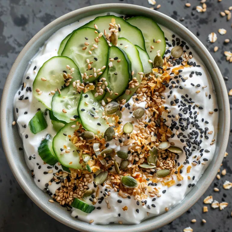 Savory everything bagel protein cereal alternative with seeds and Greek yogurt