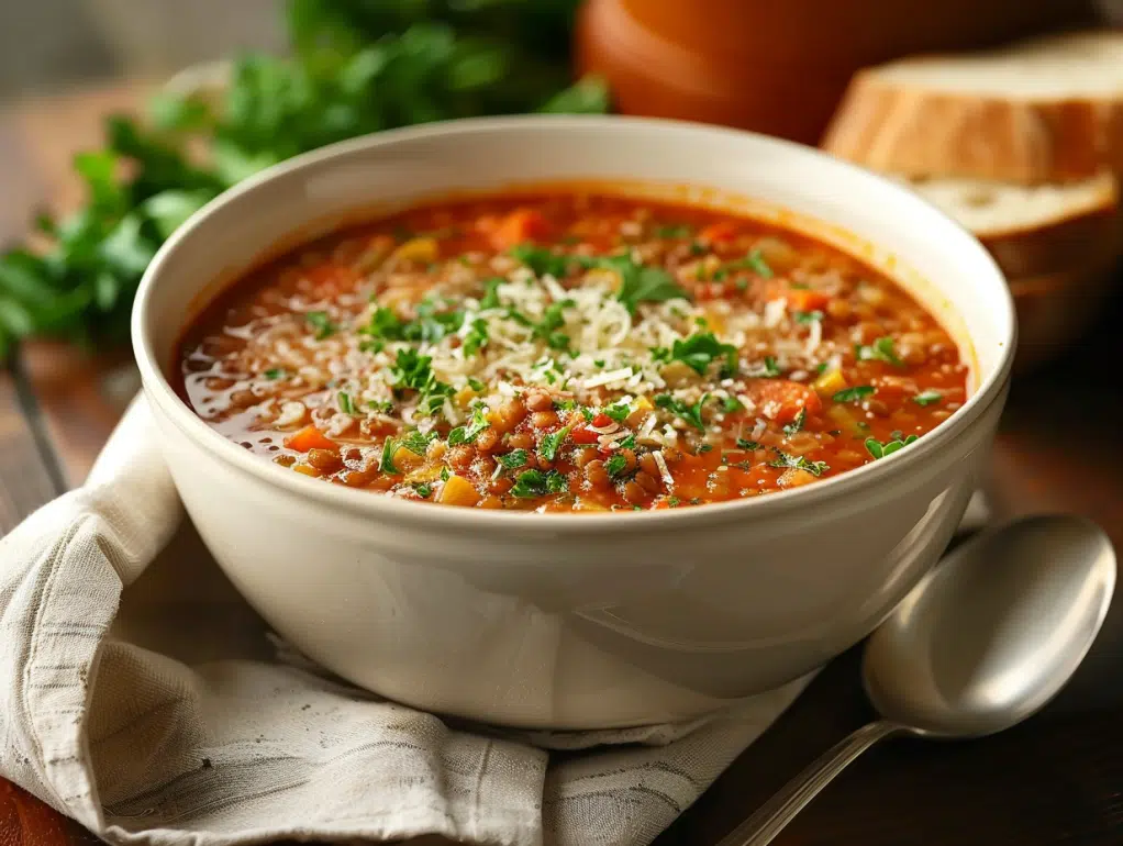 Bowl of lentil soup with parsley and parmesan served with bread
