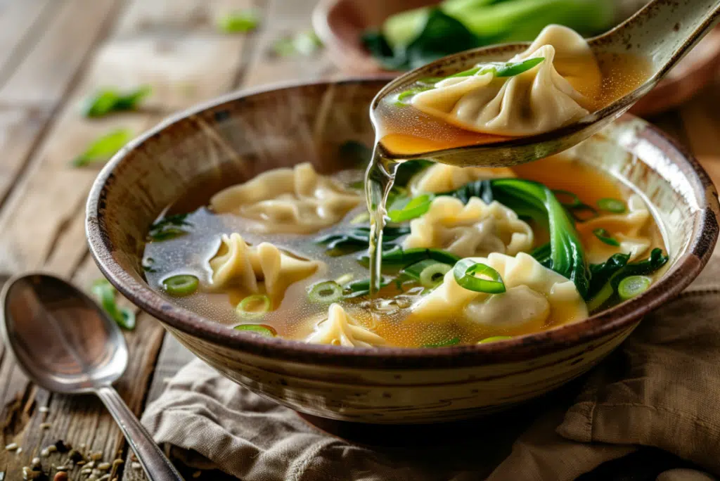 Ladle pouring potsticker soup with dumplings and greens into a bowl.