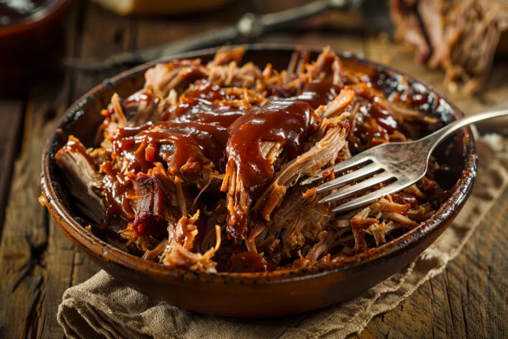Shredded pulled pork glistening with barbecue sauce in a rustic bowl.