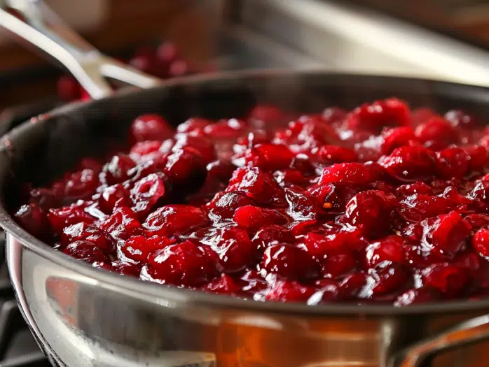 Cranberry sauce simmering gently on stovetop