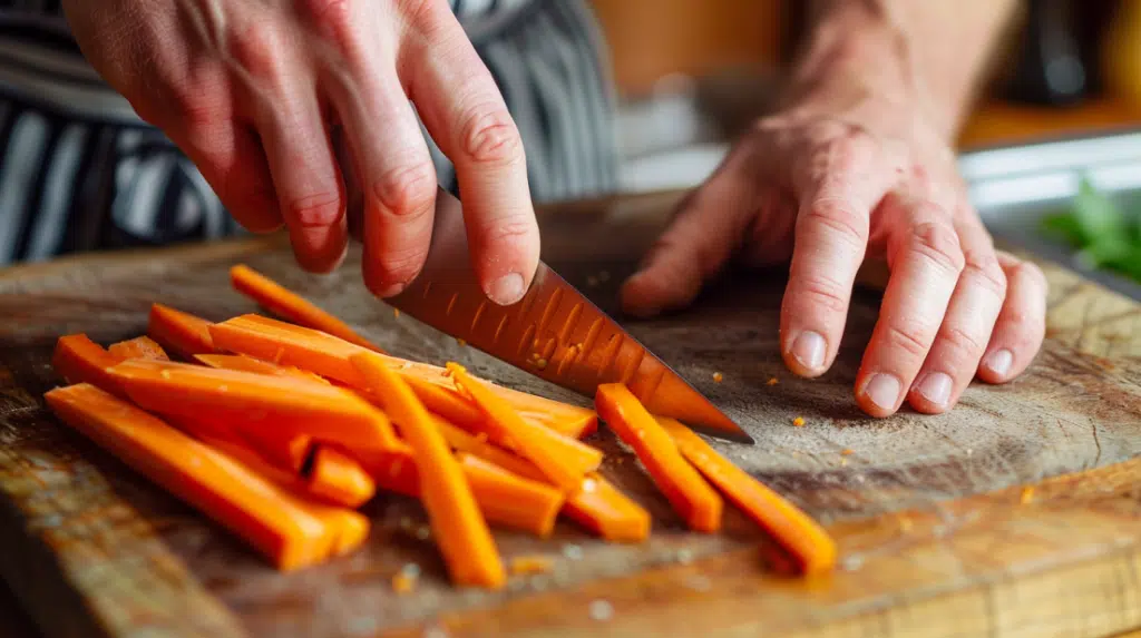 Cutting carrots into half-inch thick sticks for perfect carrot fries
