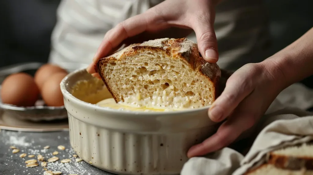 Dipping thick bread slice in protein-rich custard for 30 seconds per side
