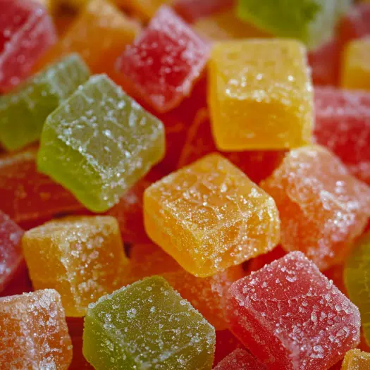 Sour Swedish candy variation with citric acid coating for tangy flavor