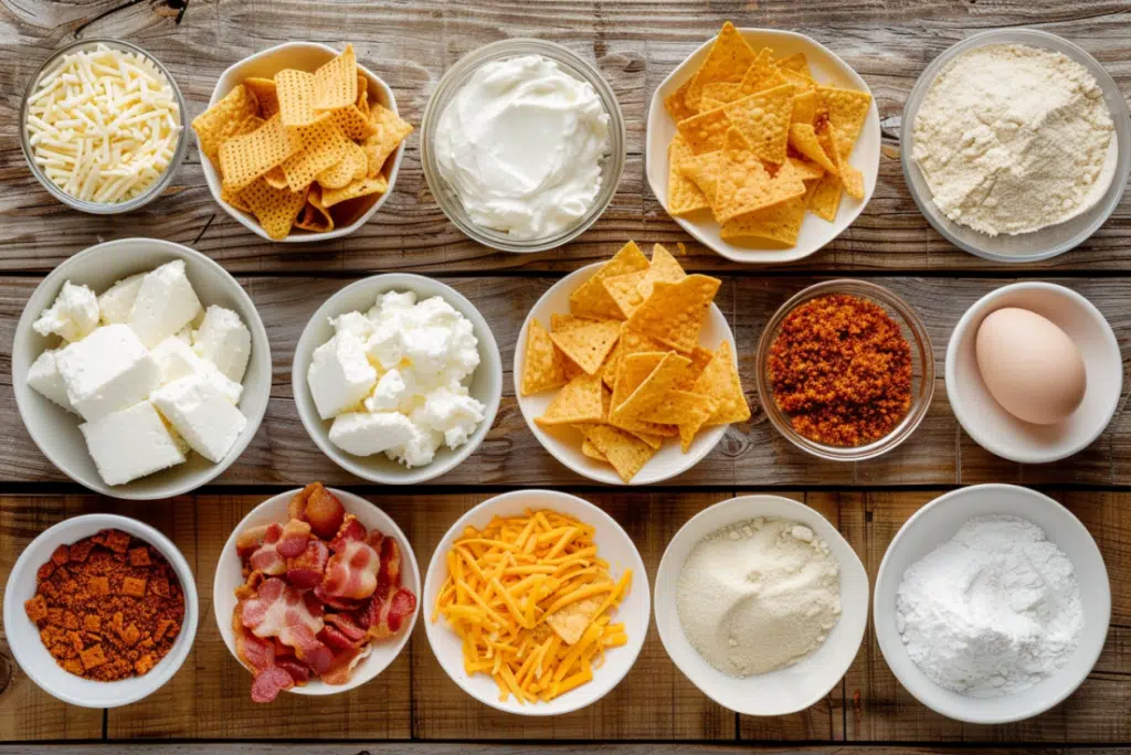 Overhead shot of ingredients for Cream Cheese and Bacon Stuffed Doritos arranged on a wooden table.