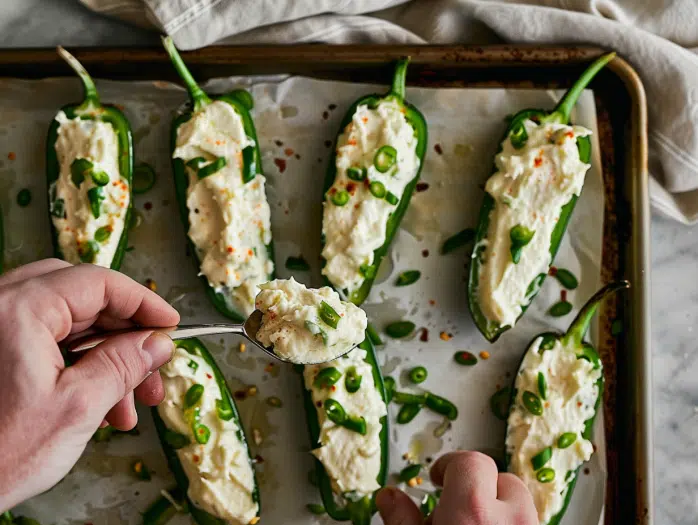 Stuffing jalapeño halves generously with cream cheese filling for poppers
