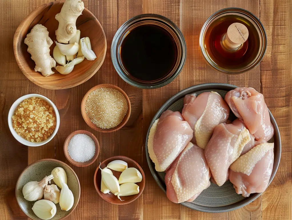 Flat lay of soy sauce, brown sugar, garlic, ginger, and chicken thighs arranged for teriyaki recipe