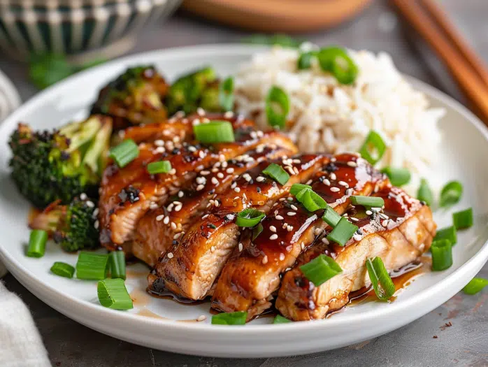 Sliced teriyaki chicken thighs served with rice and broccoli on a white plate
