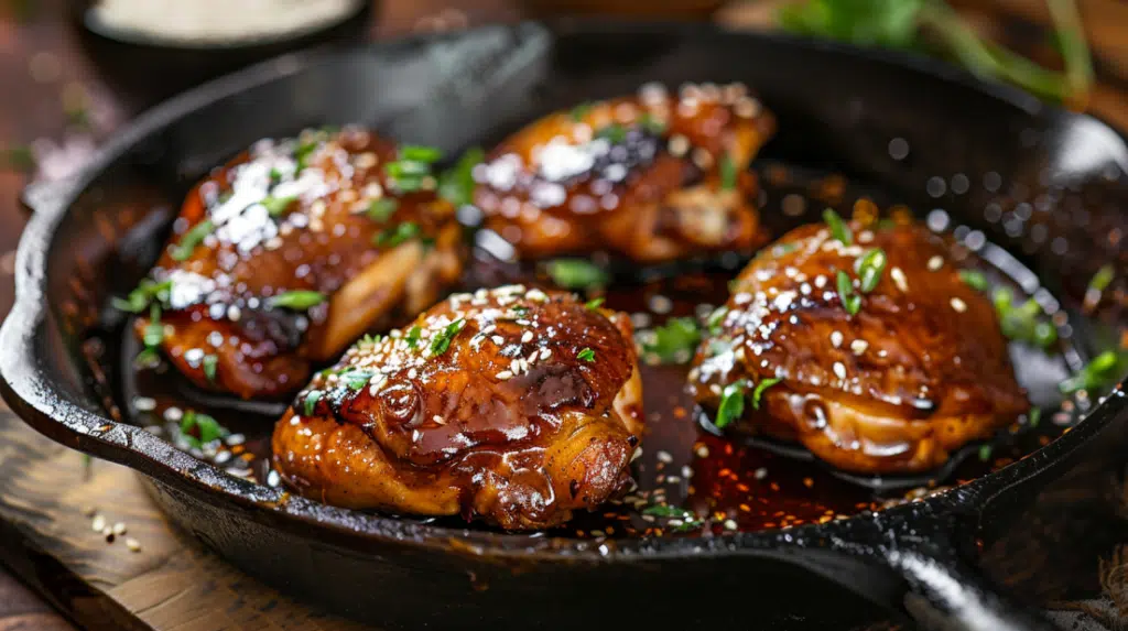 Glossy teriyaki chicken thighs cooking in a skillet with sesame glaze