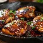 Glossy teriyaki chicken thighs cooking in a skillet with sesame glaze