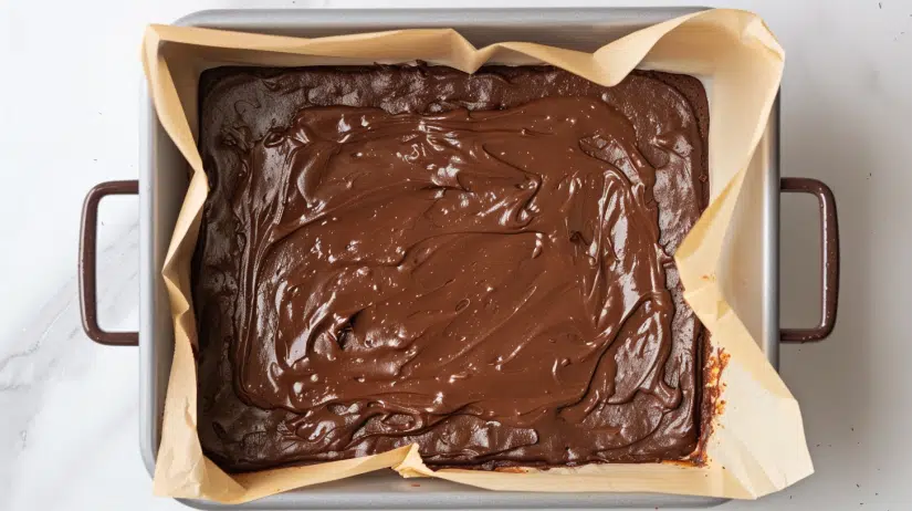 Thin chocolate cake batter spread evenly in lined jelly roll pan