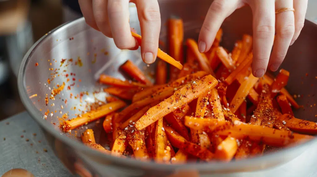 Tossing carrot sticks with olive oil and paprika seasoning in mixing bowl