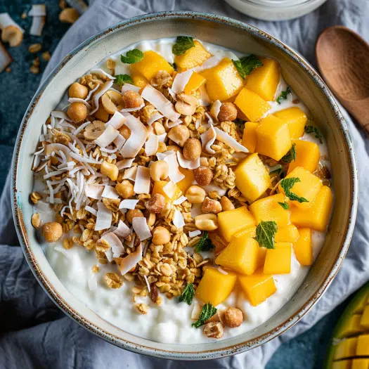 Tropical paradise protein cereal alternative with coconut, macadamia and mango