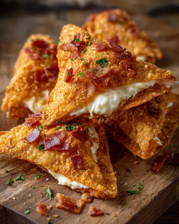 Plate of Cream Cheese and Bacon Stuffed Doritos served with ranch, salsa, and sour cream dips.