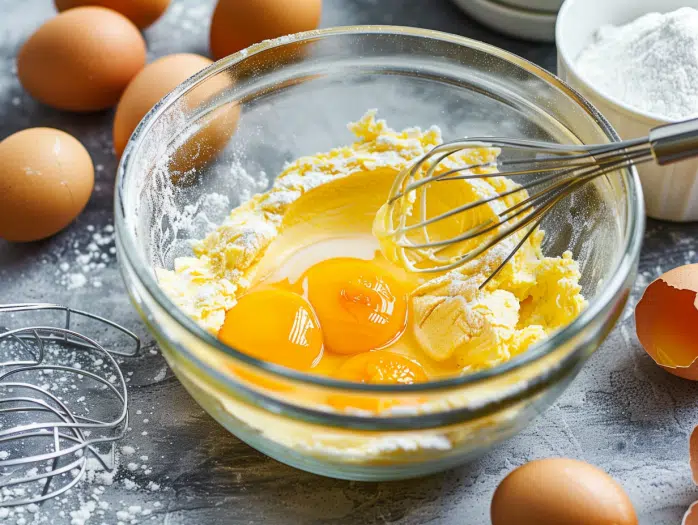 Beating egg yolks with sugar until thick and pale yellow