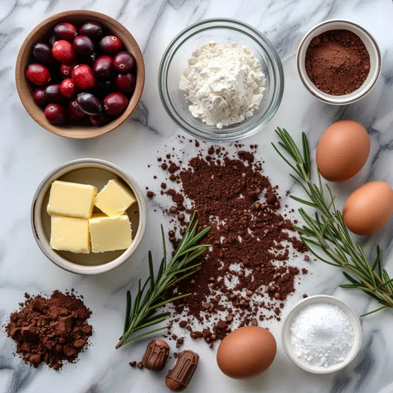 Ingredients for yule log cake including eggs, cocoa, butter and holiday garnishes