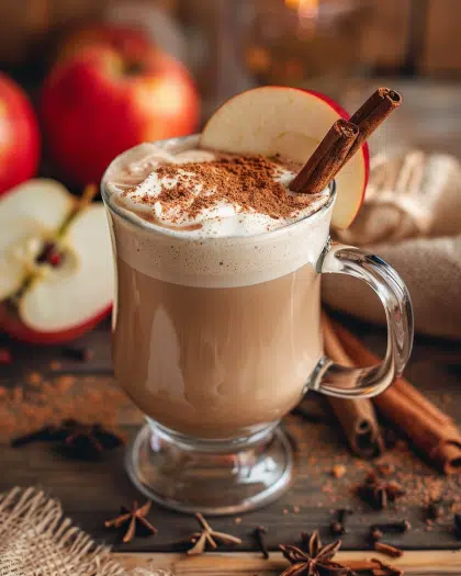 Apple Chai Latte in a clear glass mug
