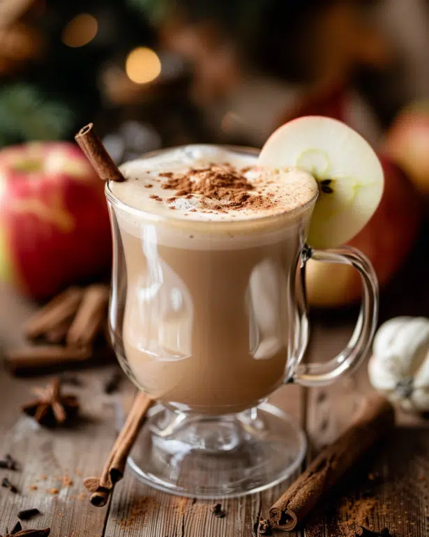 Apple Chai Latte in a clear glass mug