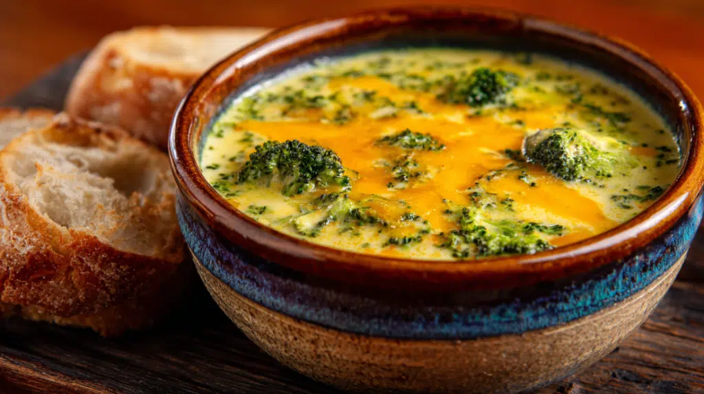 Creamy broccoli cheese soup in rustic ceramic bowl
