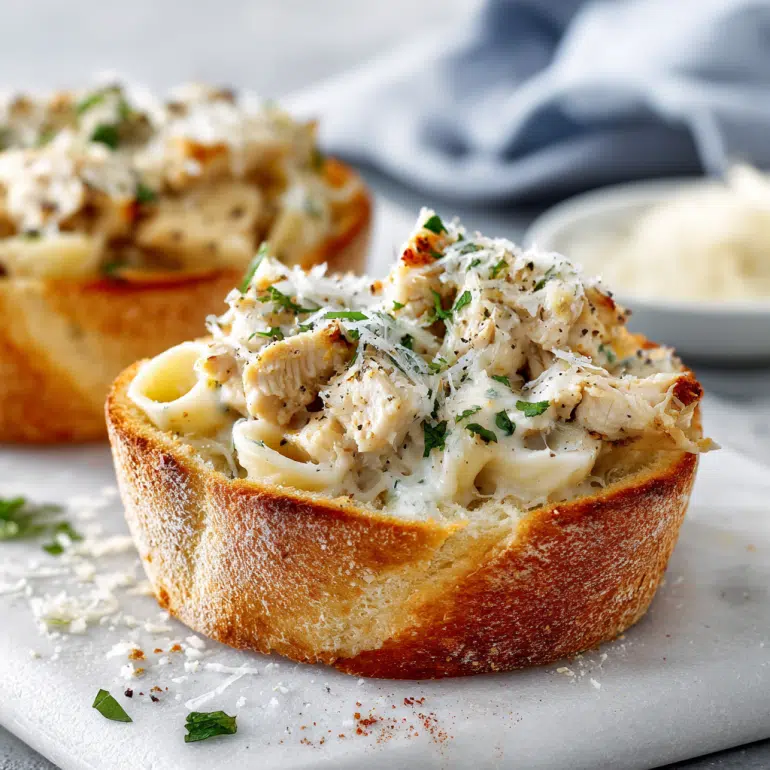 Creamy chicken Alfredo pasta in toasted garlic bread bowls topped with melted parmesan cheese and fresh herbs