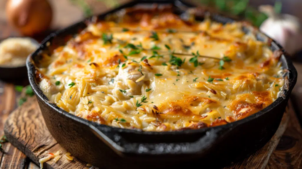 French onion chicken orzo casserole