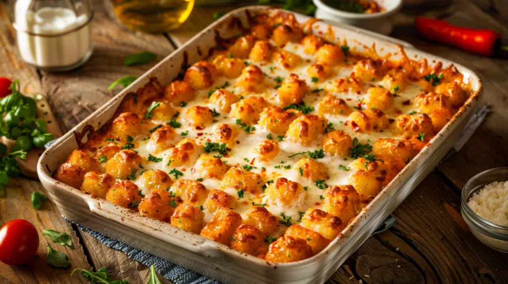 Golden crispy tater tot pizza casserole 
