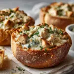 Creamy chicken Alfredo pasta in toasted garlic bread bowls topped with melted parmesan cheese and fresh herbs