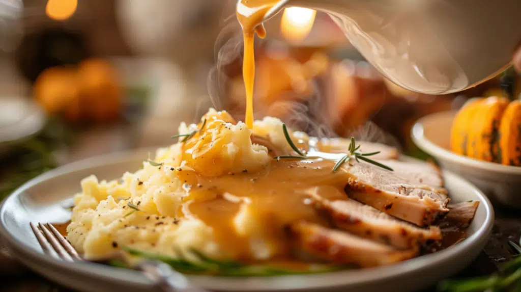 Rich homemade turkey gravy being poured from white gravy boat over mashed potatoes and sliced turkey